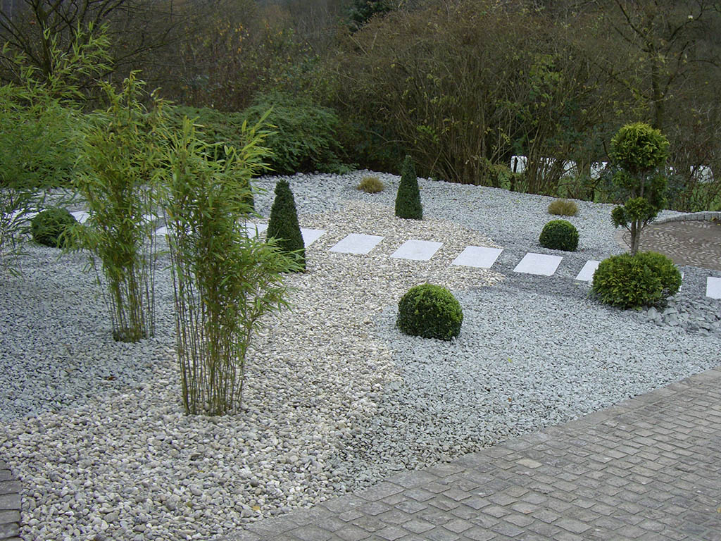 Splitt mit Formgehölzen und Bambus